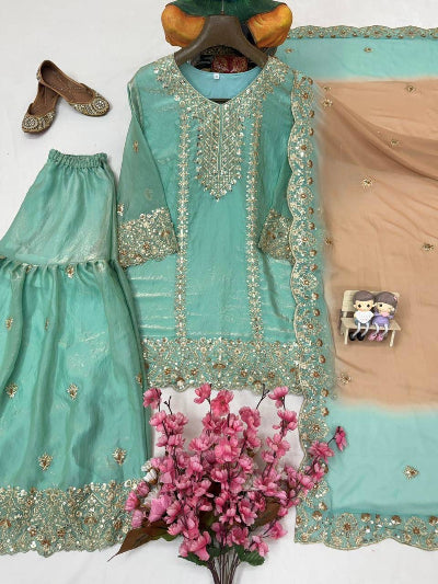 Aqua Blue Embroidered Fendi Silk Gharara Suit Set