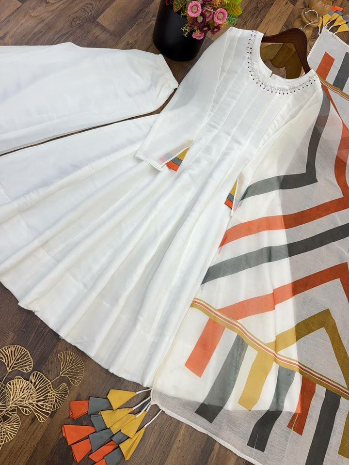 White Embroidered Mal Cotton Anarkali Suit with Multicolour Dupatta