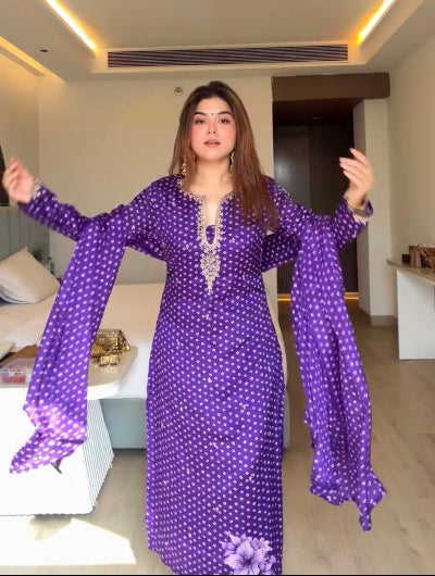 Royal Purple Satin Georgette Straight Suit with Sequin Work