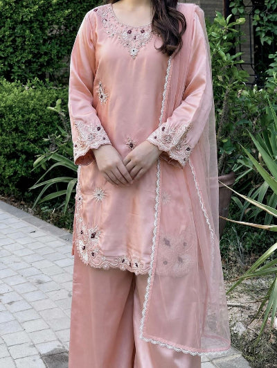 Pastel Pink Silk Embroidered Palazzo Suit | Asian Wear