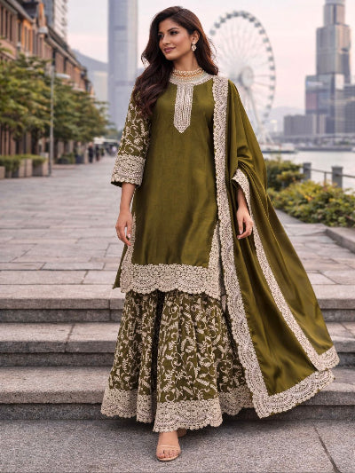 Olive Green Silk Rich Embroidery Work Sharara Suit Set