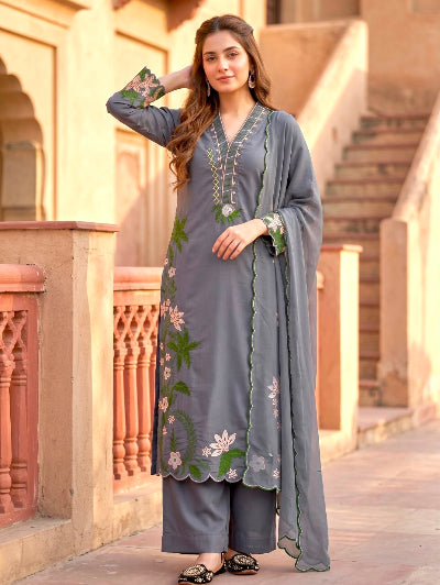 Grey Embroidered Roman Silk Palazzo Suit Set for Women UK