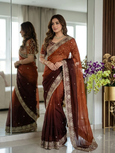 Rust Brown Dual Shaded Pre-pleated Ready to Wear Saree with Embroidered Stitched Blouse