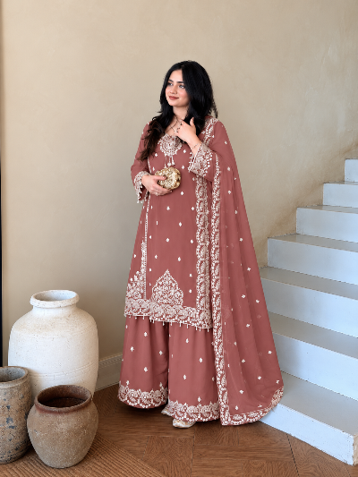 Dusty Mauve Embroidered Georgette Palazzo Suit with Luxe Latkan Detailing UK Next Day