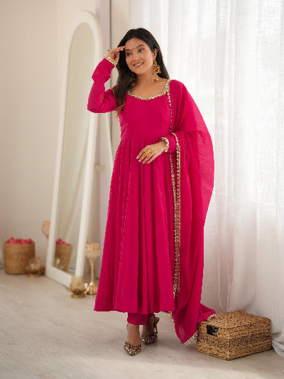 Rani Pink Embroidered Chanderi Anarkali Suit with Mirror Lace