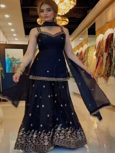 Black Sleeveless Embroidery Zari Work Sharara Suit