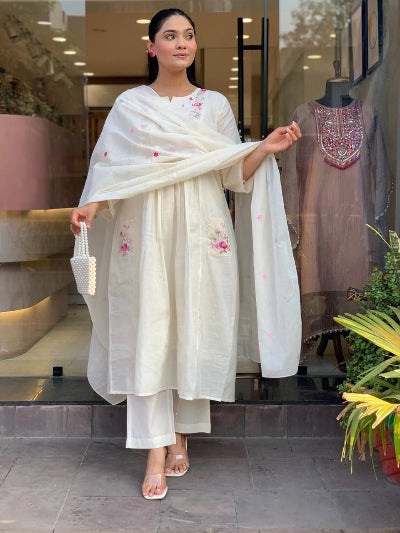 White Luxury Cotton Anarkali Suit Set