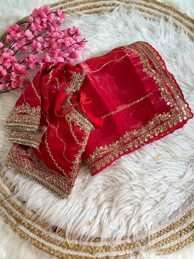 Alaya Red Tissue Silk Pre-pleated Ready to Wear Saree with Stitched Blouse
