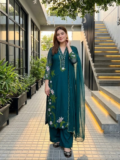 Teal Green Embroidered Roman Silk Palazzo Suit Set for Women UK