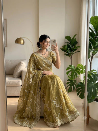 Mustard Gold Embroidered Ready to Wear Saree with Free Stitched Blouse