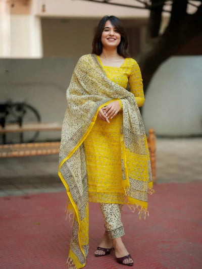 Yellow Premium Kota Doriya Straight Suit UK Next Day