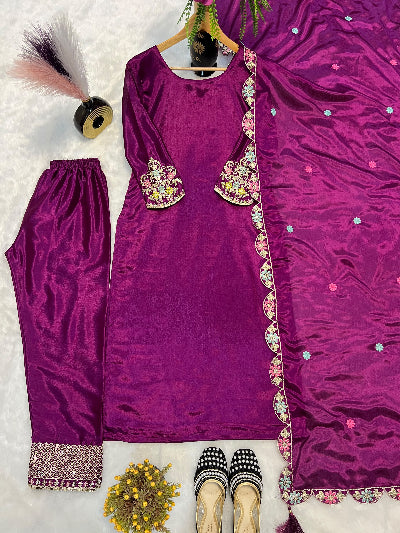 Purple Chinon Silk Embroidered Straight Suit Set