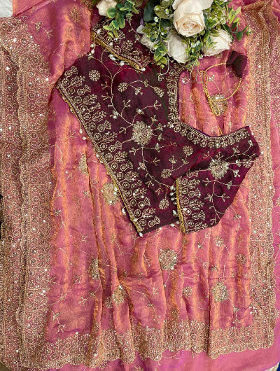 Blush Pink Pre-Stitched Ready to Wear Saree with Free Maroon Embroidered Stitched Blouse