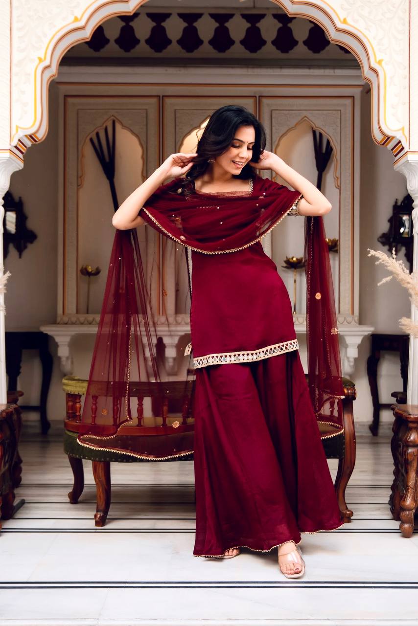 Classic Red Georgette Mirror Work Sharara Palazzo Set