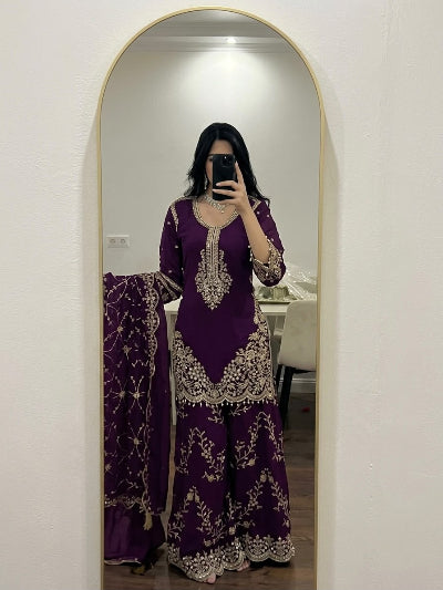 Deep Plum Purple Embroidered  Georgette Palazzo Suit