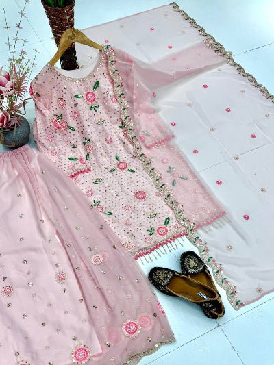 Light Blush Pink Embroidered Pearl Work Palazzo Suit