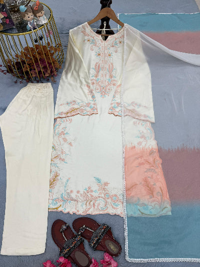 Designer Satin Rayon Straight Suit with Embroidered Cutwork &amp; Shaded Dupatta