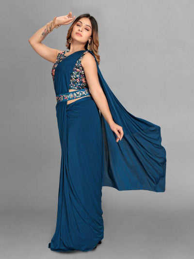 1 Min Blue Embroidered Ready to Wear Saree with Stitched Blouse