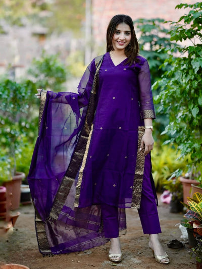 Purple Cotton Handwoven Jamdani Straight Suit Set