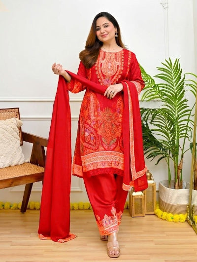 Plus Size Red Muslin Embroidered Mirror Work Suit Set