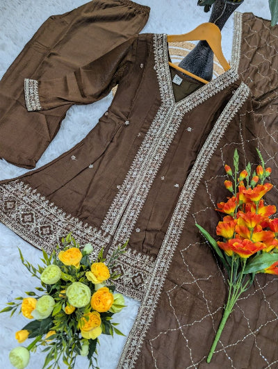Brown Silk Embroidered Short Kurti Palazzo Dupatta Set