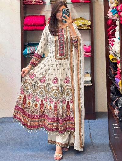 Cream Pure Chinon Handwork Anarkali Suit Set