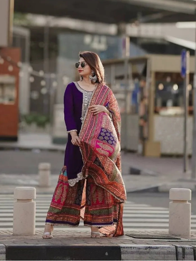 Purple Multicolour Chinon Silk Sharara Suit for Women UK Next Day