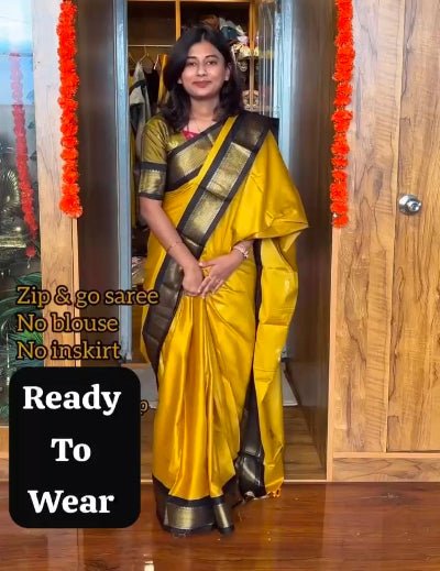 Mustard Yellow Lichi Silk Zip & Go 10 Second Saree Gown - BONYHUBSAREE