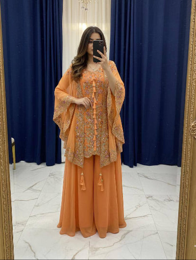 Party Wear Cape Style Suit Set with Sequence Work