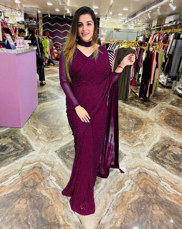 Deep Magenta Georgette Embellished Ready to wear Saree with Blouse UK Next Day p