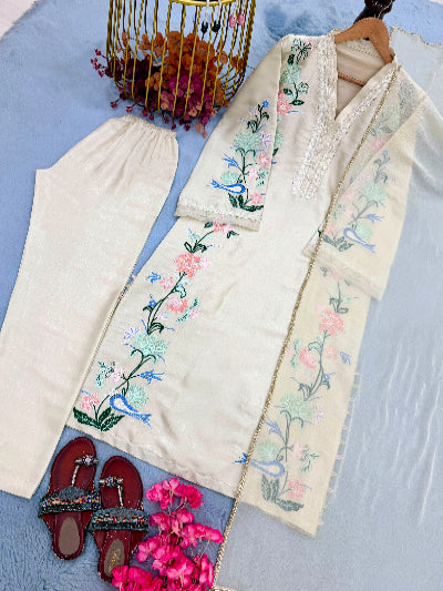 Ivory Floral Embroidered Roman Glass Kaftan Suit Set for Women UK