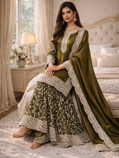 Olive Green Silk Rich Embroidery Work Sharara Suit Set