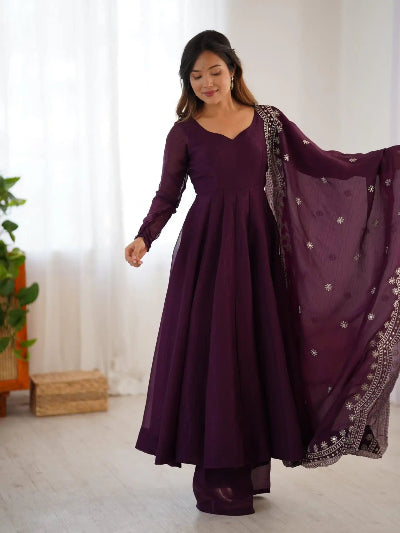 Purple Fendy Silk Full Sleeves Embroidered Anarkali Suit Set