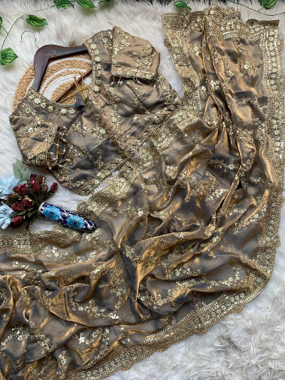 Taupe Gold Embroidered Ready to Wear Saree with Free Stitched Blouse