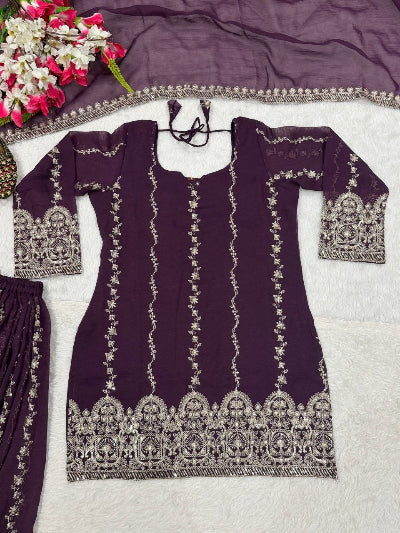 Deep Purple Crunchy Silk Embroidered Sharara Suit for Women UK