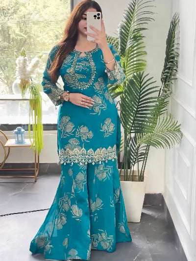 Peacock Blue Embroidery Sequins Work Sharara Suit for Women