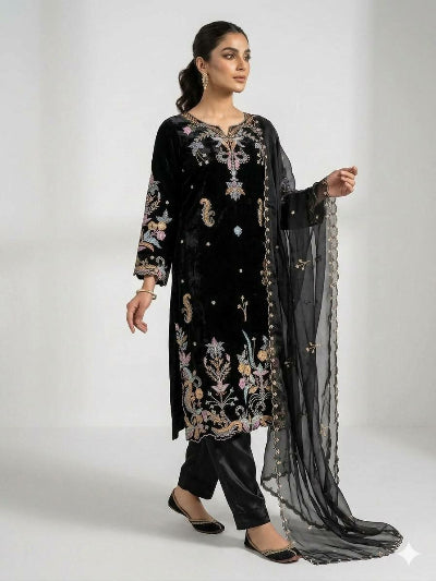 Black Embroidered Glass Roman Silk Straight Suit for Women