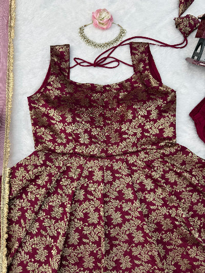 Meher Maroon Chanderi Gold Jacquard Anarkali Suit