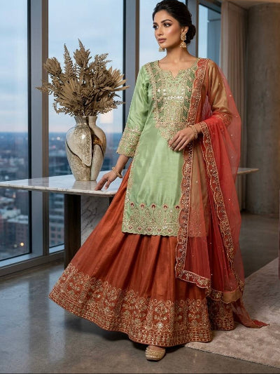 Mint Green &amp; Rust Orange Embroidery Sharara Palazzo Suit