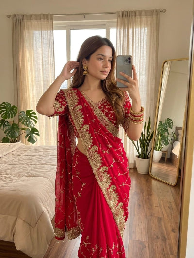 Red Georgette Gold Embroidered Ready to wear Saree with Stitched Blouse