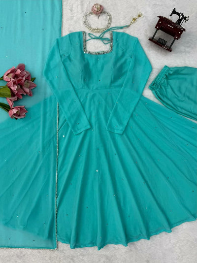 Turquoise Blue Georgette Real Mirror Work Anarkali Suit Set