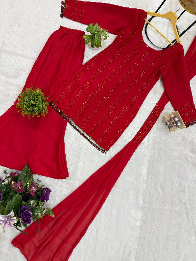 Red Beads Work Partywear Palazzo Suit Set