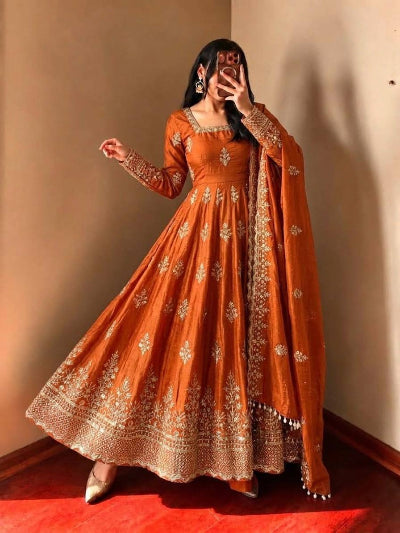 Orange Silk Designer Gown Suit with Embroidered Dupatta