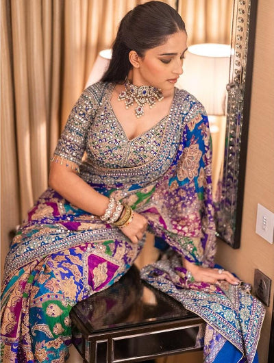 Blue Multicolour Chinon Ready to Wear Saree with Stitched Embroidered Blouse