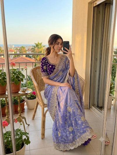 Lilac Pre-Stitched Ready to Wear Saree with Free Purple Embroidered Stitched Blouse