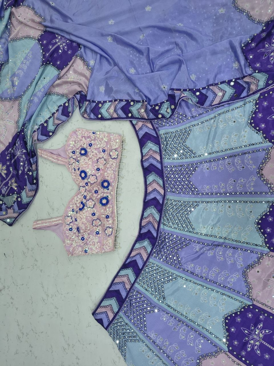 Lilac Pink Chinon Silk Lehenga Choli Set with Mirror Embellishments UK Next Day