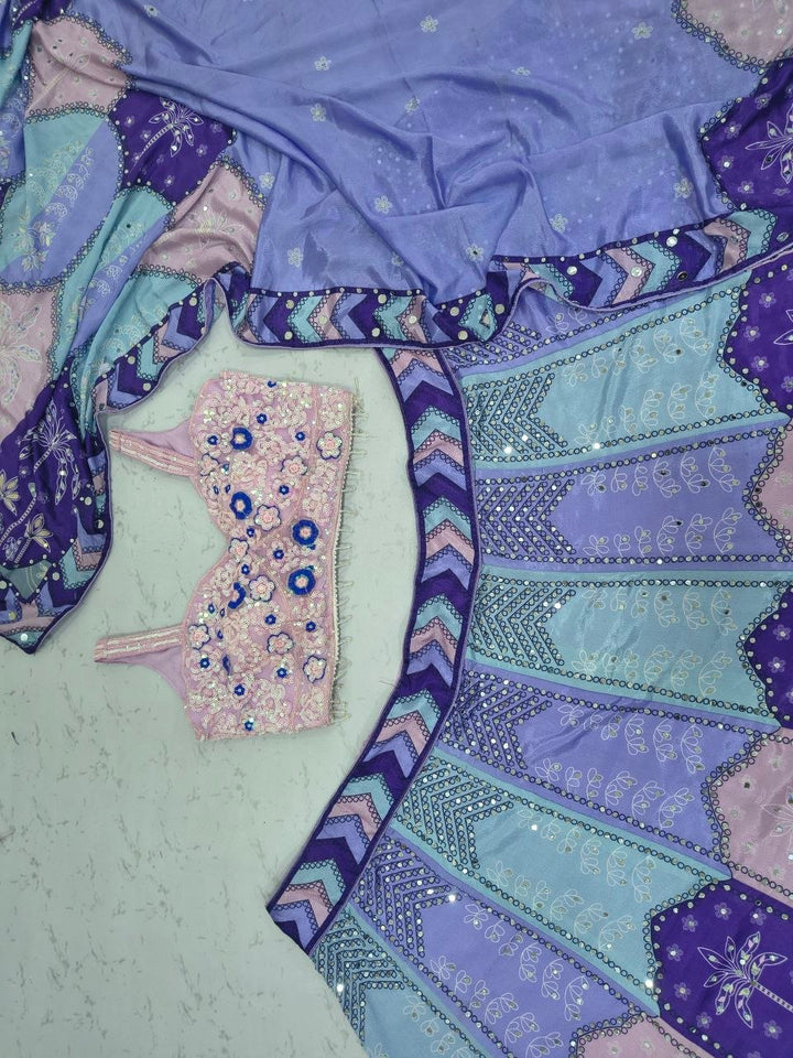 Lilac Pink Chinon Silk Lehenga Choli Set with Mirror Embellishments UK Next Day