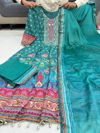 Blue Pure Chinon Handwork Anarkali Suit Set