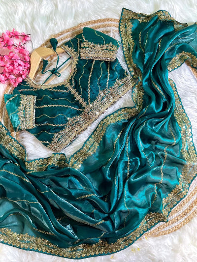 Alaya Teal Tissue Silk Pre-pleated Ready to Wear Saree with Stitched Blouse