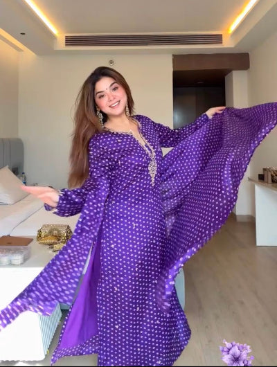 Royal Purple Satin Georgette Straight Suit with Sequin Work